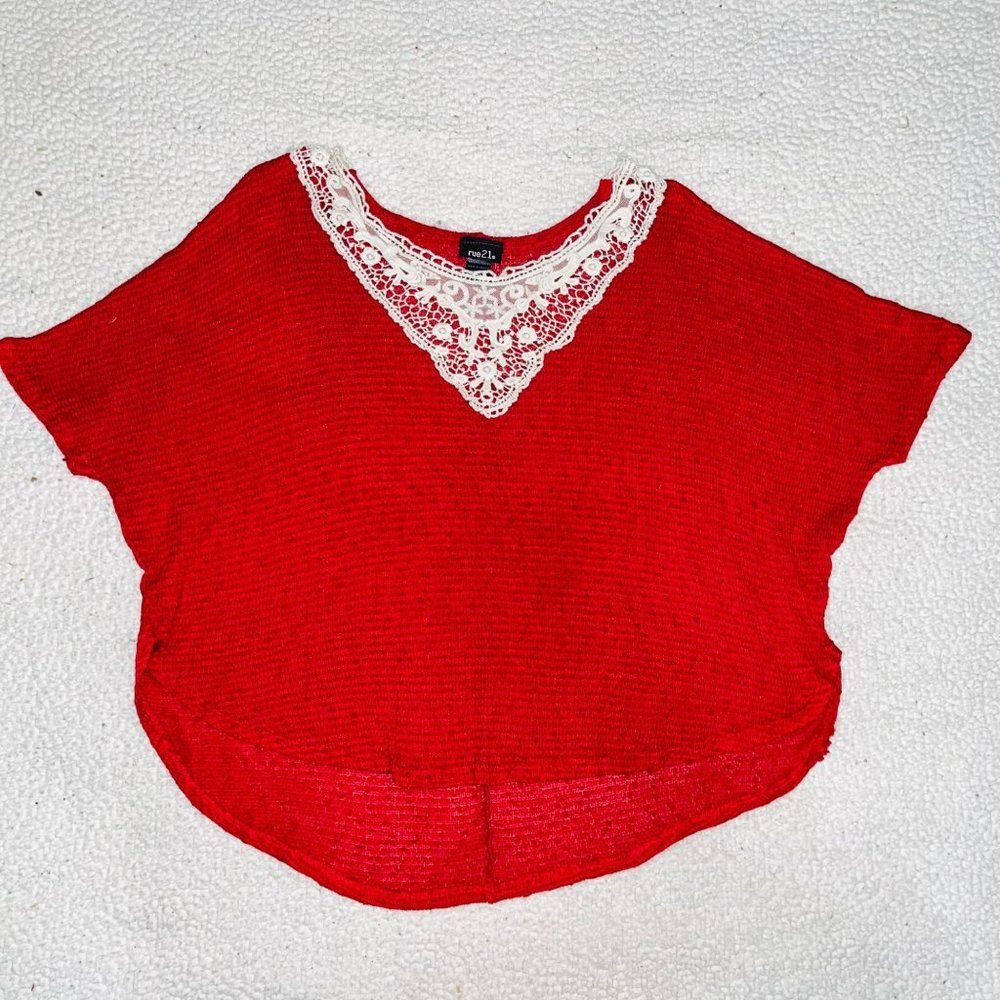 Rue21 Short Sleeve Knitted Poncho Shirt Red Women L/XL Boho Cottagecore Hippie